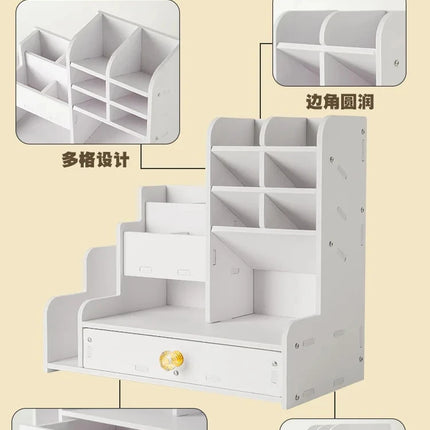 Mark Pen Pencil Holder Wooden Desk Organizers Shelves Accessories Desktop Stationery Organizer Bookshelf Home Office Storage Box