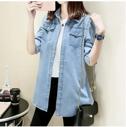 Slim Fit Mid-Length Long Sleeve Denim Shirt Women's Cotton Base Layer Shirt Autumn Winter Polo Collar Pocket Design Jeans Jacket