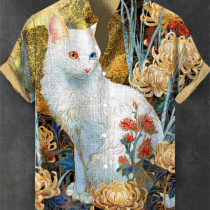 Men's blue and white color-blocked short-sleeved shirt with black cat print, collared casual outdoor vacation Hawaiian shirt.