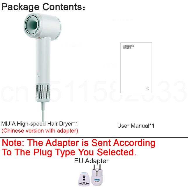New MIJIA High-Speed Hair Dryer,110000rpm,62m/s Powerful airflow,8 Airflow Mode,347g 4 Color,CN Version With Adapter 220V