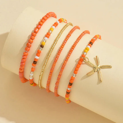 Multilayer Bohemia Rice Bead Anklet Set for Women Fashion Starfish Pendant Anklets Summer Sandy Beach Ankle Chain on Leg Jewelry
