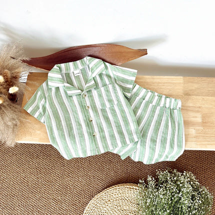 2Pcs Set Newborn Baby Boy Girl Striped Lapel Button Up Shirt Top+Shorts Summer Infant Toddler Outfit Sweatshirt Kids Clothes
