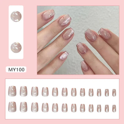 Dark Brown Flowers 24 Pcs Press-on Nails Pink Nail Polish Glossy Artificial Finger Manicure Reusable False Nails