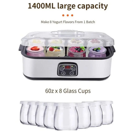 AC93-Automatic Adjustable Temperature Time Yogurt Maker With 8 Glasses Professional Ice Cream Pudding Machine UK Plug