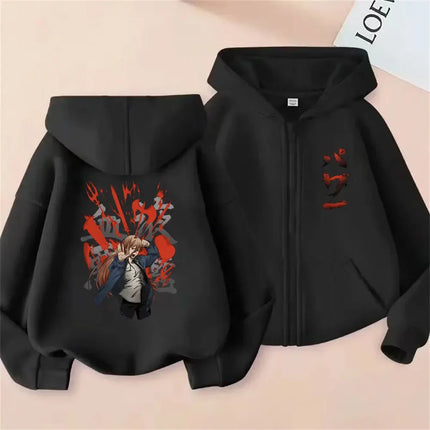 Anime Chainsaw Man Washed Retro Zipper Hoodie Cartoon Denji Pochita Funny Graphic Zip Up Jacket Men Women Manga Oversized Coat