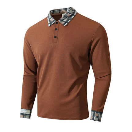 Men Waffle Knit Long Sleeve Polo Shirt Plaid Collar Breathable Daily Business Office Travel Holiday Walking Casual Tops