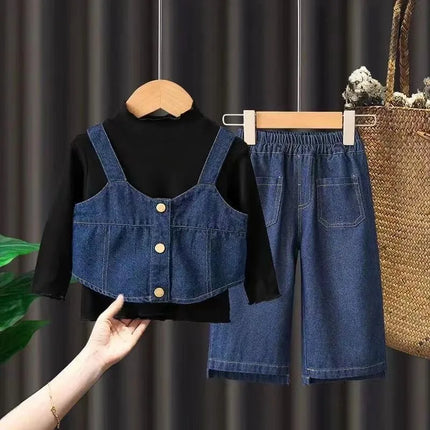 New Girls Denim Strappy Sets Baby Fashion Casual Suit Spring Autumn Children's Long-Sleeved Sweet Three-Piece 12M-4 Years Old