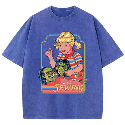 You Can Learn Sewing Print Women Distress T Shirt Summer Breathable Wash Tshirt Street Fashion Tees Casual Sport Cool T-Shirts