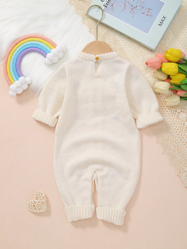 Baby's Sweet and Cute Floral Embroidered Long-Sleeved Warm and Comfortable Knitted One-Piece Romper