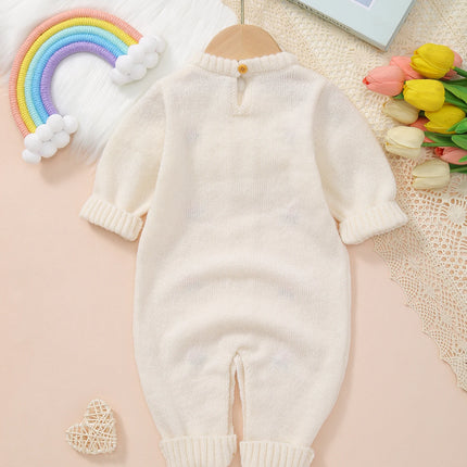 Baby's Sweet and Cute Floral Embroidered Long-Sleeved Warm and Comfortable Knitted One-Piece Crawling Suit