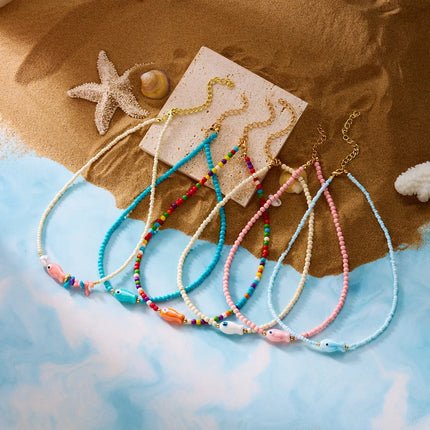 Cute Colorful Ceramic Fish Beaded Necklace For Women Unisex Creative Handmade Rice Beads Choker Beach Party Jewelry Gifts