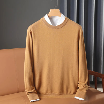 100% Wool Round Neck Solid Color Knitted Sweater Men's Pullover Long Sleeved Loose Sweater Business Casual Simple Cashmeres 2026