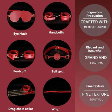 BDSM Genuine Leather Bondage Toy Set Handcuffs Ankle Cuffs Whips Collars Mouth Gag SP Sex Toy Punishment Flirt For Women SM Set