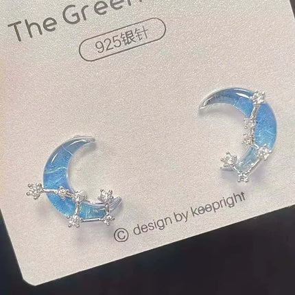Kpop Y2K Blue Crystal Star Pendant Earrings for Women Exquisite Elegant Zircon Bowknot Pentagram Earrings Jewelry Birthday Gifts