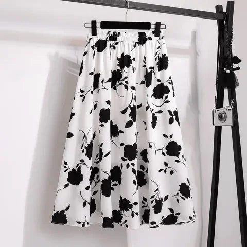 High Waist Draped A-Line Skirt plus Size Summer Fashionable Midi Length Hip Concealing Women's Skirts Casual Vine Pattern