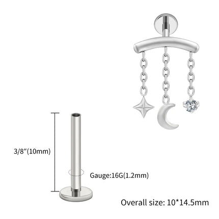 Right Grand ASTM F136 Titanium Hidden Helix Chain Earring 16G Dainty Star Moon CZ Dangle Cartilage Stud Piercing Jewelry