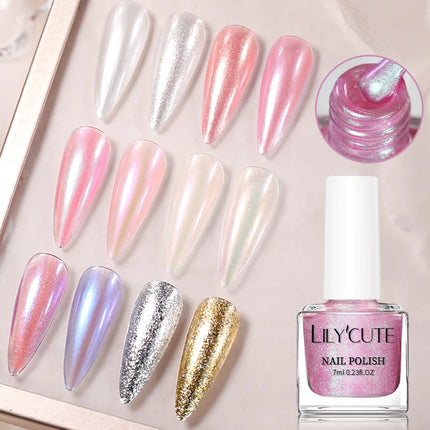 LILYCUTE 7ml Pink Glitter Nail Polish Colorful Bright Shining Pearl Effect Nail Art DIY Decoration No Need of Lamp to Cure