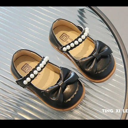 Toddlers Girls Leather Shoes Little Kids Casual Flats Princess Sweet with Pearls Beading Bow-knot 2024 Dress Party Shoes Soft