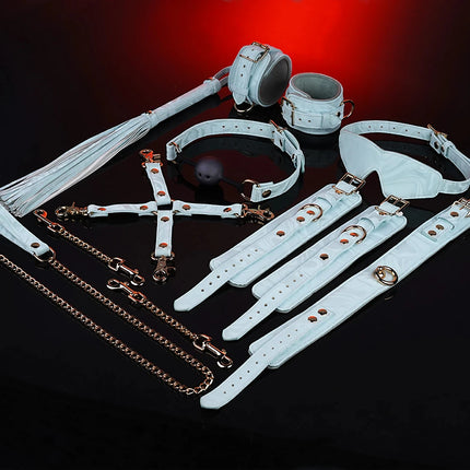 XXOO BDSM Bondage Restraints Set for Couples - PU Leather Sex Toys Kit with Harness Belt, Cuffs, Blindfold, Gag Adult Games