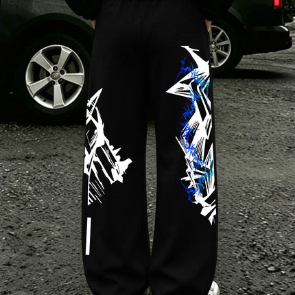 Y2K Abstract Blue Graffiti Geometric Print Mens Baggy Wide Leg Sweat Pants Loose Straight Drawstring Hip Hop Street Joggers