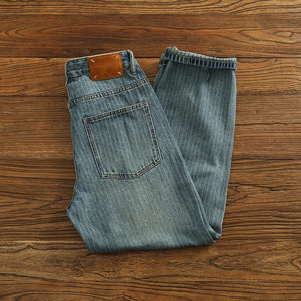Heavy chunky jeans men vintage do old wash dark vertical texture of loose straight leg denim pants