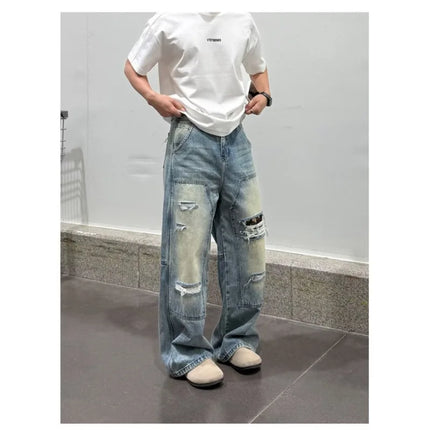 Men's Jeans Man Pants Heavy Duty Washed Multi Pocket Carpenter Style Straight Loose Denim Trousers Casual Fit High Street