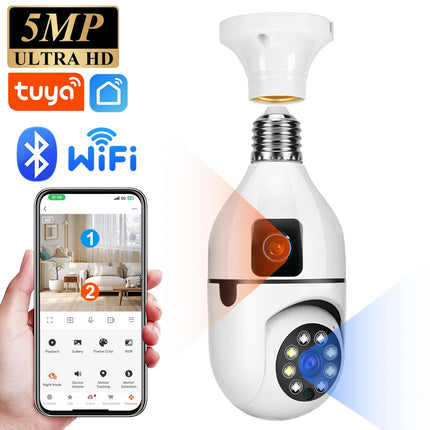 5MP CCTV PTZ WiFi Dual Lens Screen E27 Bulb Camera Tuya Smart Life Security Video Surveillance Camera Ai Human Auto Tracking