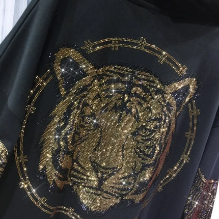 Vibrant Tiger Rhinestones Zip Up Plus Size Hoodies for Women Men Winter Autumn Luxury Big Size Hooded Sweatshirt with Zipper