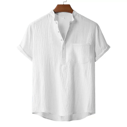 Men's Summer Cotton Linen T-shirt Beach Style Short SLeeve Henley Neck Vacation Hawaii Casual Lightweight Breathable Cozy Tops