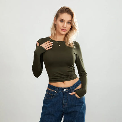 Women's Long-Sleeve Basic T-Shirts Solid Color Crew Neck Casual Shirts Fall Slim Fit Tops Streetwear