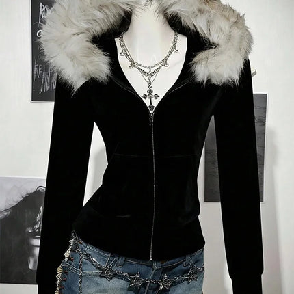 Y2K Harajuku Gothic Women's Hoodie Sexy Slim Chic Suede Fur Collar Letter Print Cardigan Sweatshirt  Female Streetwear
