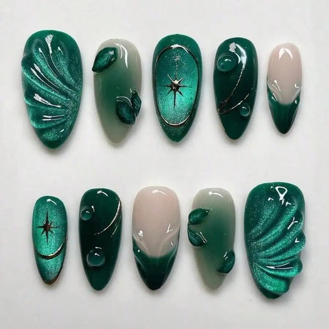 24Pcs Cool-Tone Green Press On Nails 3D Wavy French Cat Eye For Women Party Daily