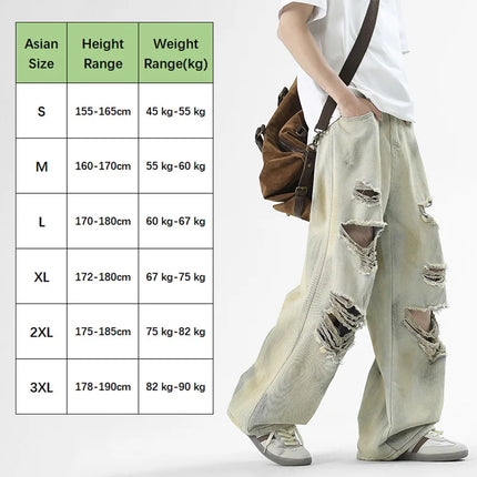 Fashion Jeans Wide-Leg Pants Men's Loose Old Jeans American Hip-hop High-waisted Jeans Ripped Print Casual High Street Trousers