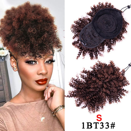 Leeons New Synthetic Afro Kinky Curly Hair Bangs Puff Hair Bun Drawstring Ponytails Clip On Hair Extension Updo Pineapple Fringe