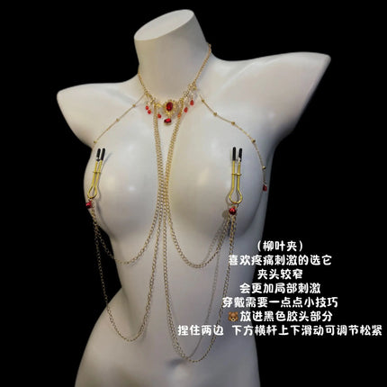 Red Gem Nipple Clamps Body Chain Integrated Breast Clips Bell Pendants Sensual Body Restraint Sexy Accessories  Adult Sex Toys