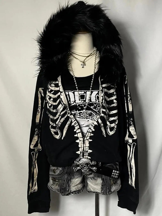 Autumn American Vintage Gothic Punk Outerwear Women's Fur Collar Skull Print Y2K Subcultural Hoodie Harajuku Casual Street Wear
