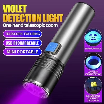 Mini LED 395nm UV Flashlight Rechargeable Waterproof Black Light Torch for Pet Urine Stain Detection Scorpion and Fluorescent