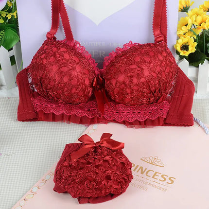 Sexy French Korean Bra Set New Lace Gather Underwear Thin 3/4 Cup Adjustable Push Up Big Size 70-85 AB White Girls Lingerie Sets