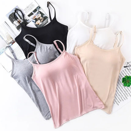 2020 Women Solid Tank Tops Adjustable Strap Built In Cup Padded Wireless Camisole Camis Vest Female Home Basic Tank Top