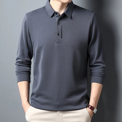 Men's Waffle Long-Sleeved Polo Shirt with Letter-Printed Lapel Casual Top