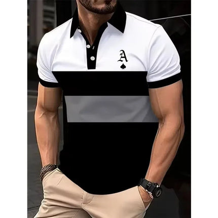3D Printed Color Striped Polo Shirt for Men with Spade A Pattern Short Sleeved Summer New Style Lapel Top
