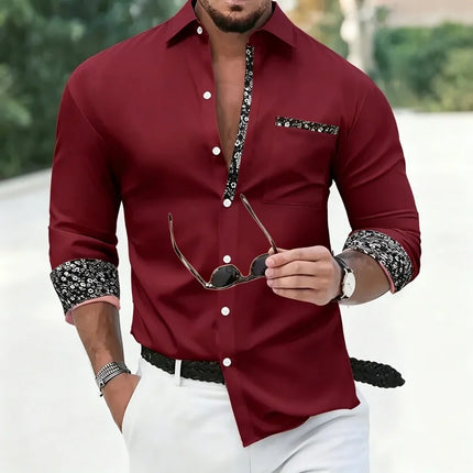 New Men's Casual Contrast Print Dress Shirt, Long Sleeve Turn-down Collar Tops with Floral Trim