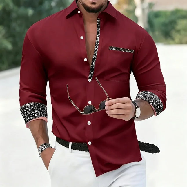 New Men's Casual Contrast Print Dress Shirt, Long Sleeve Turn-down Collar Tops with Floral Trim