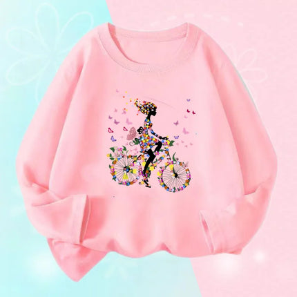 Kids T Shirt Floral Girl with Heart Bicycle Print Tops Girls Casual Cute Graphic Tee Shirt Long Sleeve Cartoon T-shirts