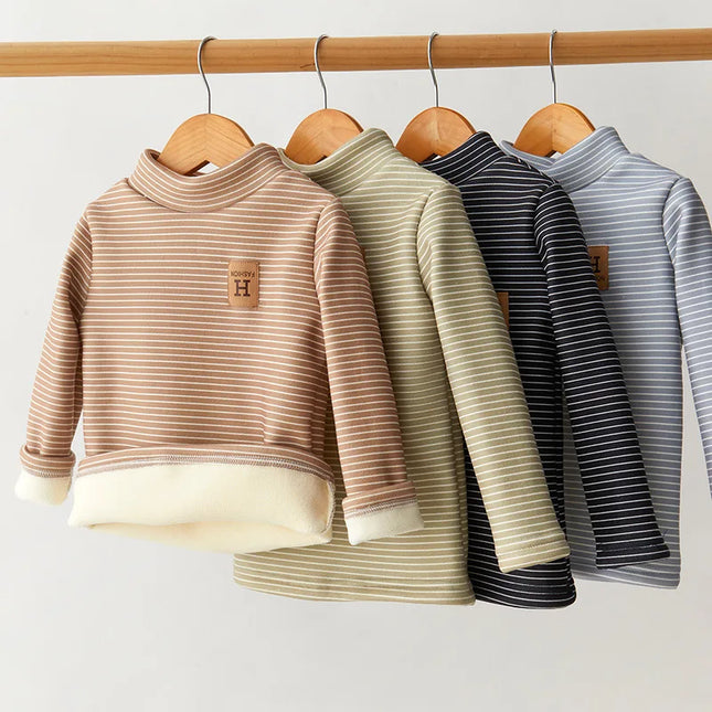 New Girls Padded Base Layer Shirt Boys Striped Turtleneck Jumper Autumn Winter Kids Warm Fashion Casual Long-Sleeved Sweater
