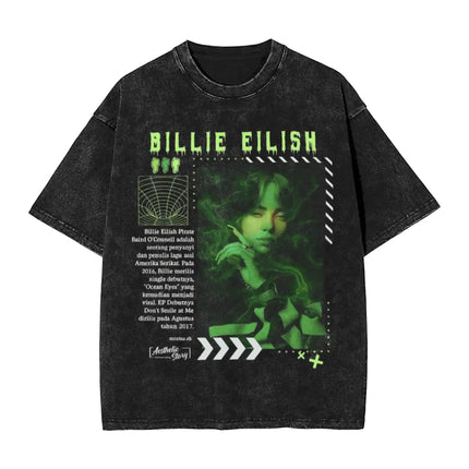 Billie Eilish Funny Poster Graphic Print T-shirt Men Women Fashion Vintage Washed Cotton O-neck Summer Tee Oversized Casual Top