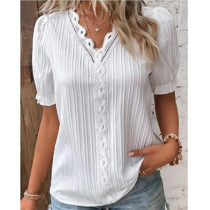 Women's Summer New Top Solid Sexy V-Neck Hollow Short Sleeve Shirt Fashion Splice Plus Size Blouse Loose Street Apparel