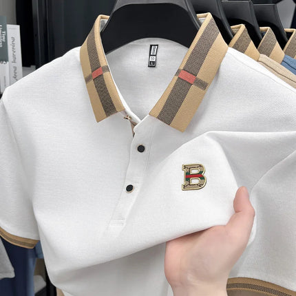 2026 high-end letter B printed summer men's color blocked lapel short sleeved polo shirt versatile Tshirt for business commuting