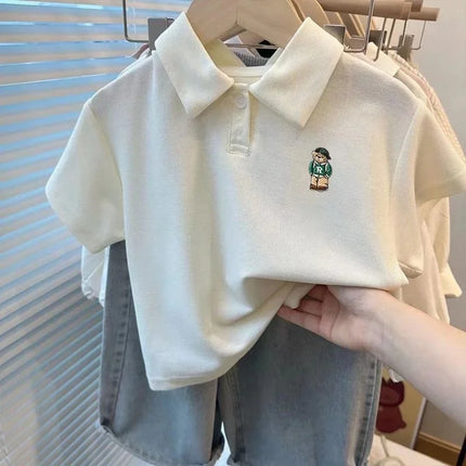 Unisex Children's Summer Polo Shirt Short Sleeve Loose Fit Collared T-Shirt Cartoon Print Versatile Kids' Fashion Basic Tee