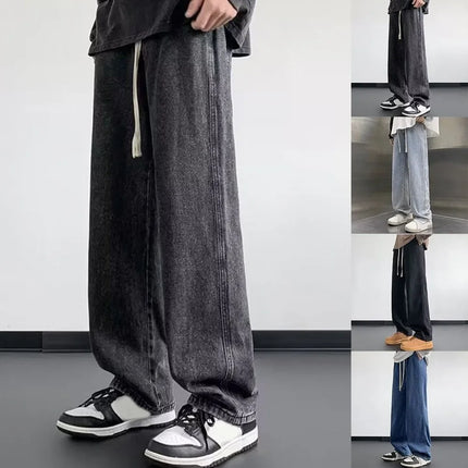 Men Elastic Drawstring Wide Leg Jeans Loose Straight High Waist Baggy Denim Pants Streetwear Hip Hop Trousers Spring